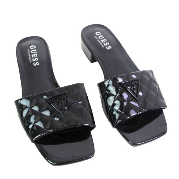 GUESS QUILTED PATENT BLACK LEATHER LOW HEEL OPEN TOE SANDALS MULES SHOES Sz 6M - Picture 3 of 12